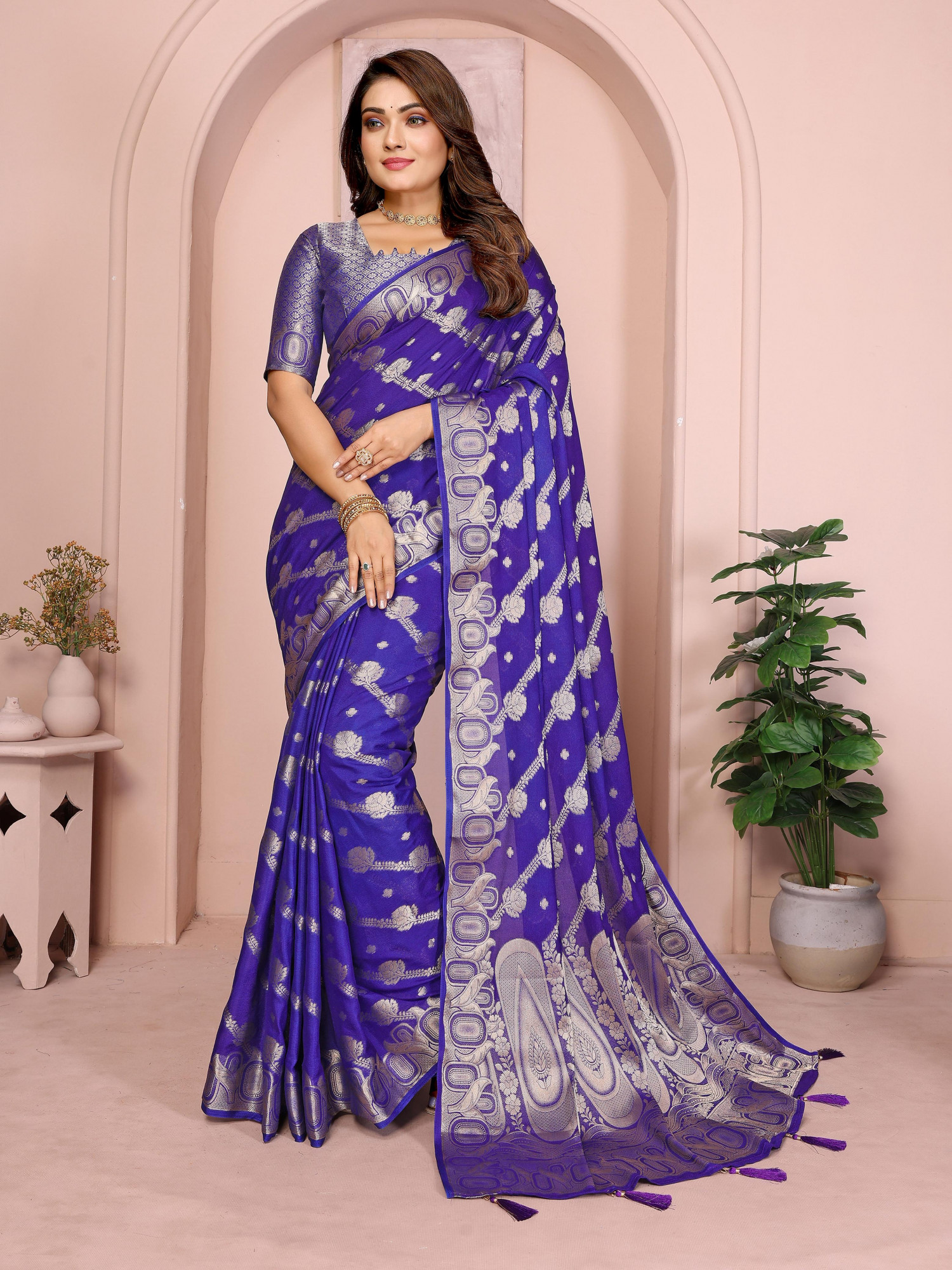 Royal Blue Premium Georgette Banarasi Silk Leheriya Zari Weaved Saree