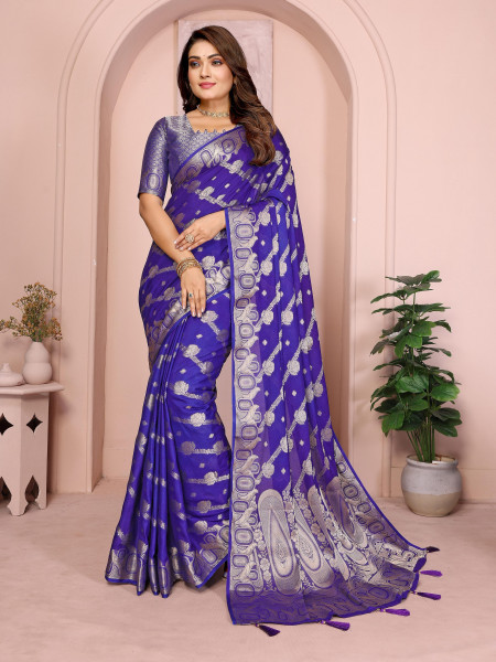 Image of Royal Blue Premium Georgette Banarasi Silk Leheriya Zari Weaved Saree