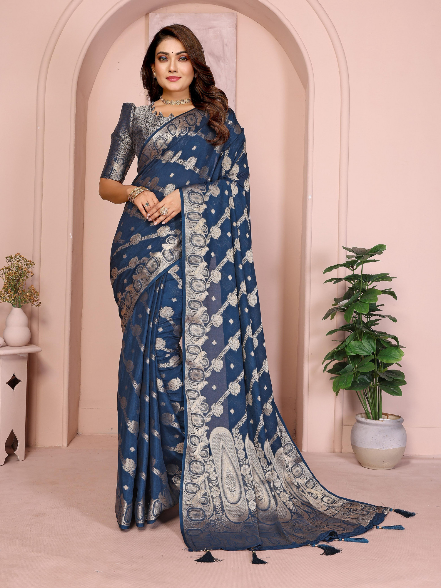 Teal Premium Georgette Banarasi Silk Leheriya Zari Weaved Saree
