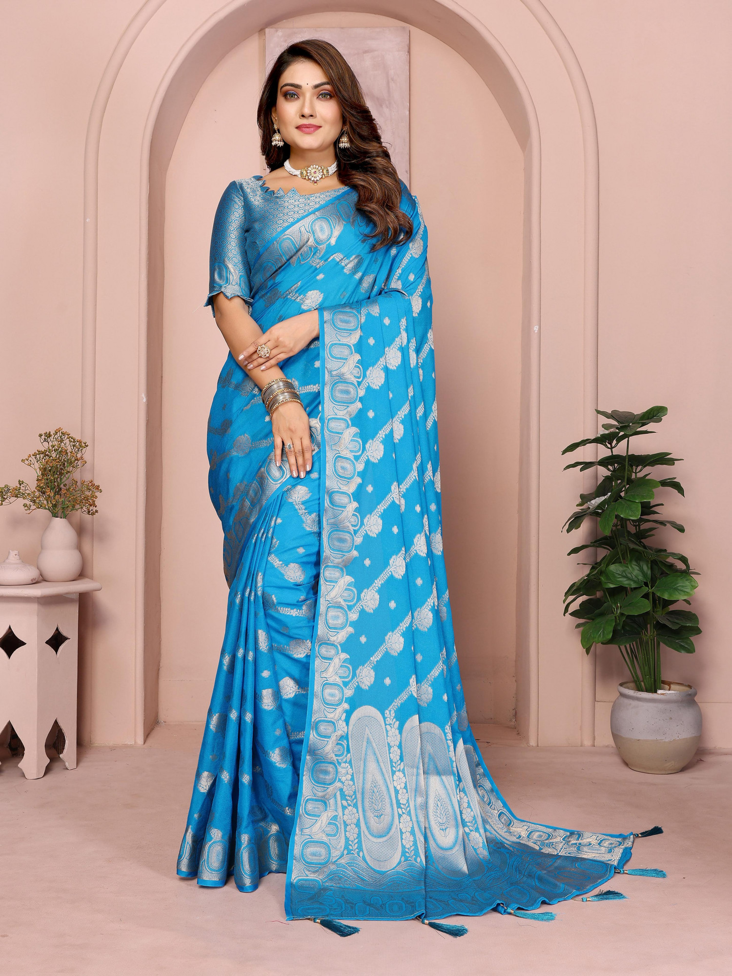 Turquoise Premium Georgette Banarasi Silk Leheriya Zari Weaved Saree
