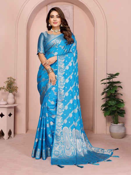 Image of Turquoise Premium Georgette Banarasi Silk Leheriya Zari Weaved Saree