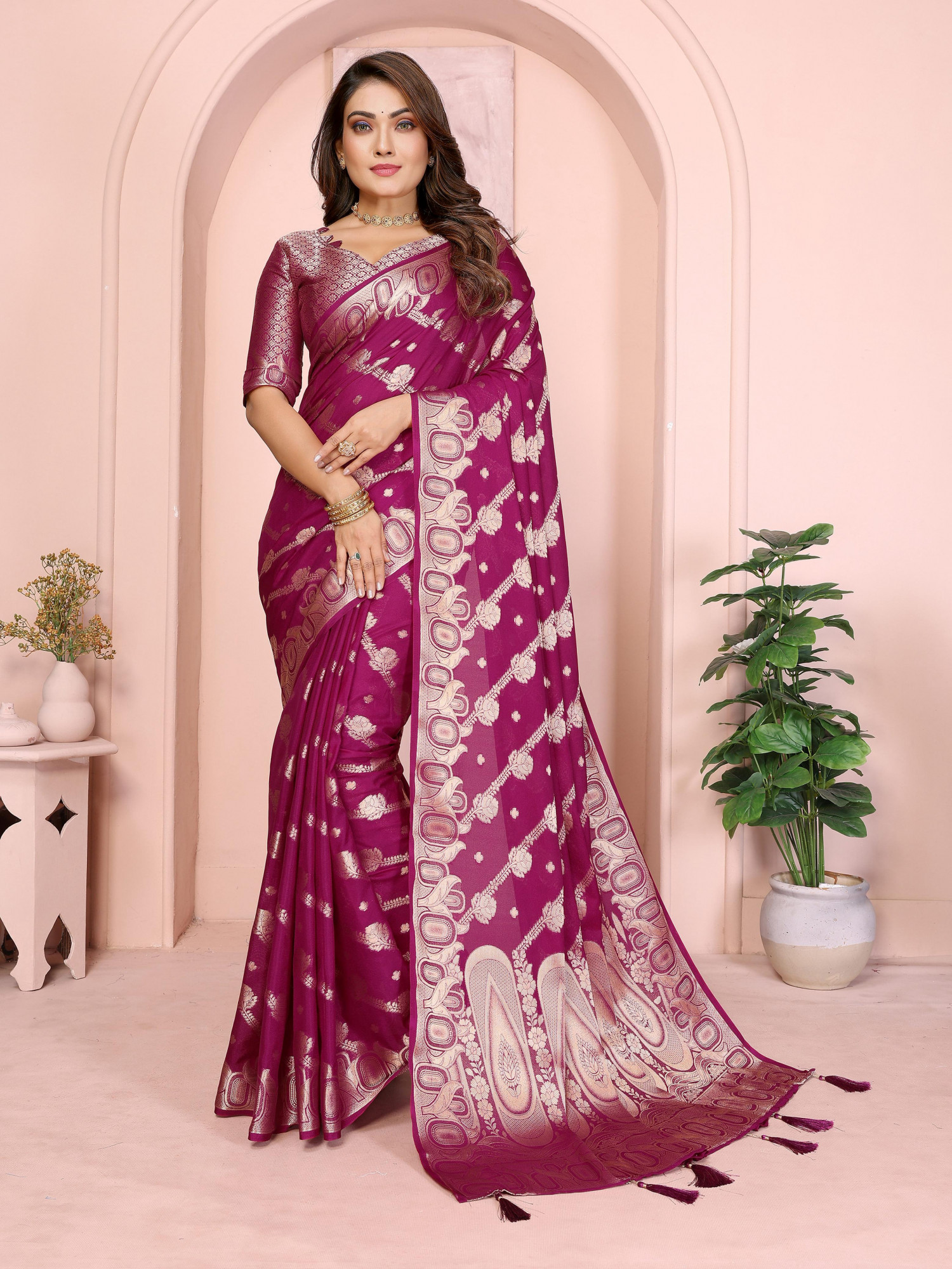 Magenta Premium Georgette Banarasi Silk Leheriya Zari Weaved Saree