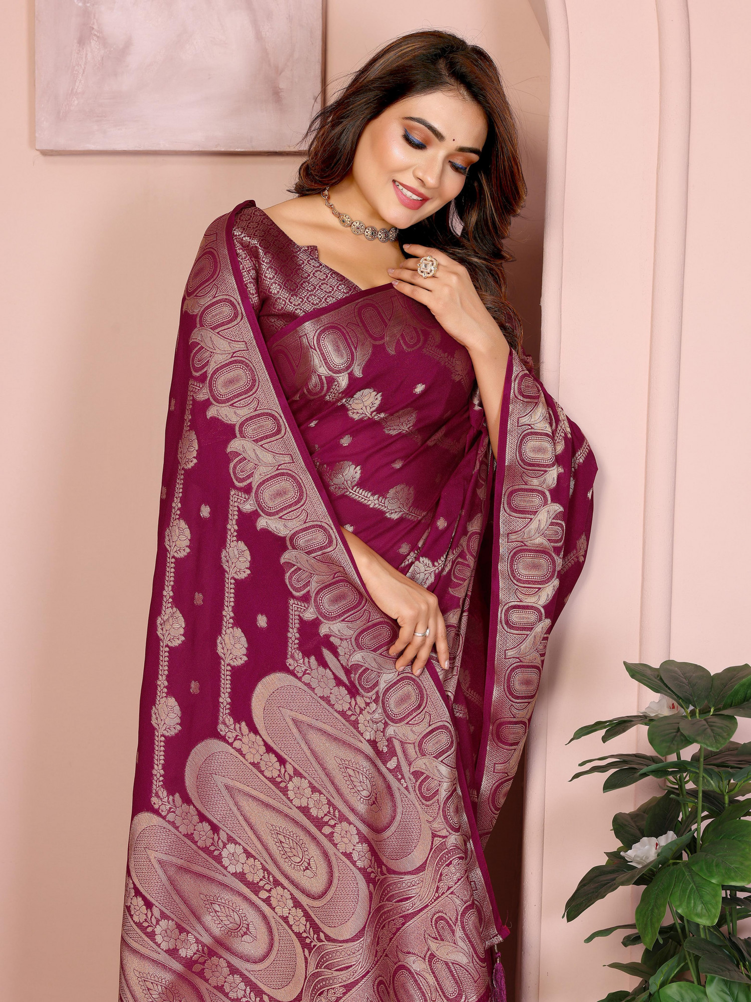 Magenta Premium Georgette Banarasi Silk Leheriya Zari Weaved Saree