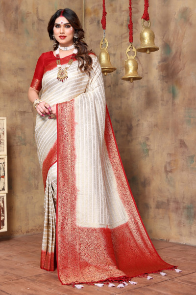 Image of White Red Pure Viscose Dola Silk Rich Zari Weaved Body Pallu Border Saree