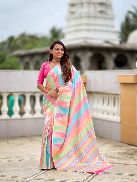 Image of Multicolor Pure Banarasi Silk Rich Zari Weaved All Over Temple Border Saree