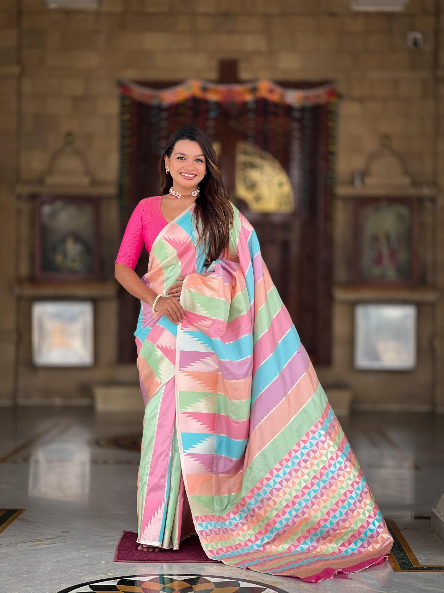 Multicolor Pure Banarasi Silk Rich Zari Weaved All Over Temple Border Sarees