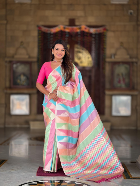 Image of Multicolor Pure Banarasi Silk Rich Zari Weaved All Over Temple Border Sarees