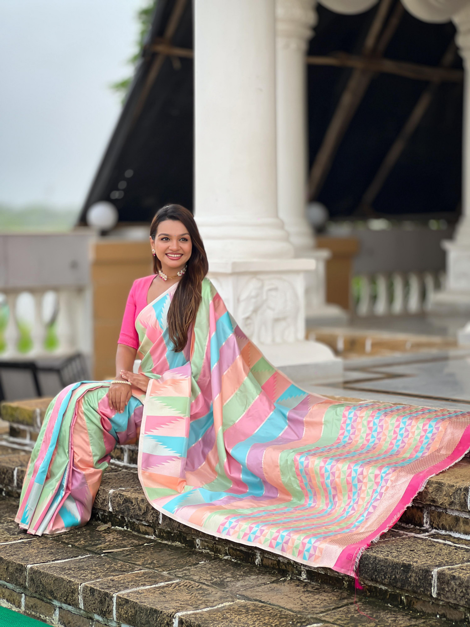 Multicolor Pure Banarasi Silk Rich Zari Weaved All Over Temple Border Saree