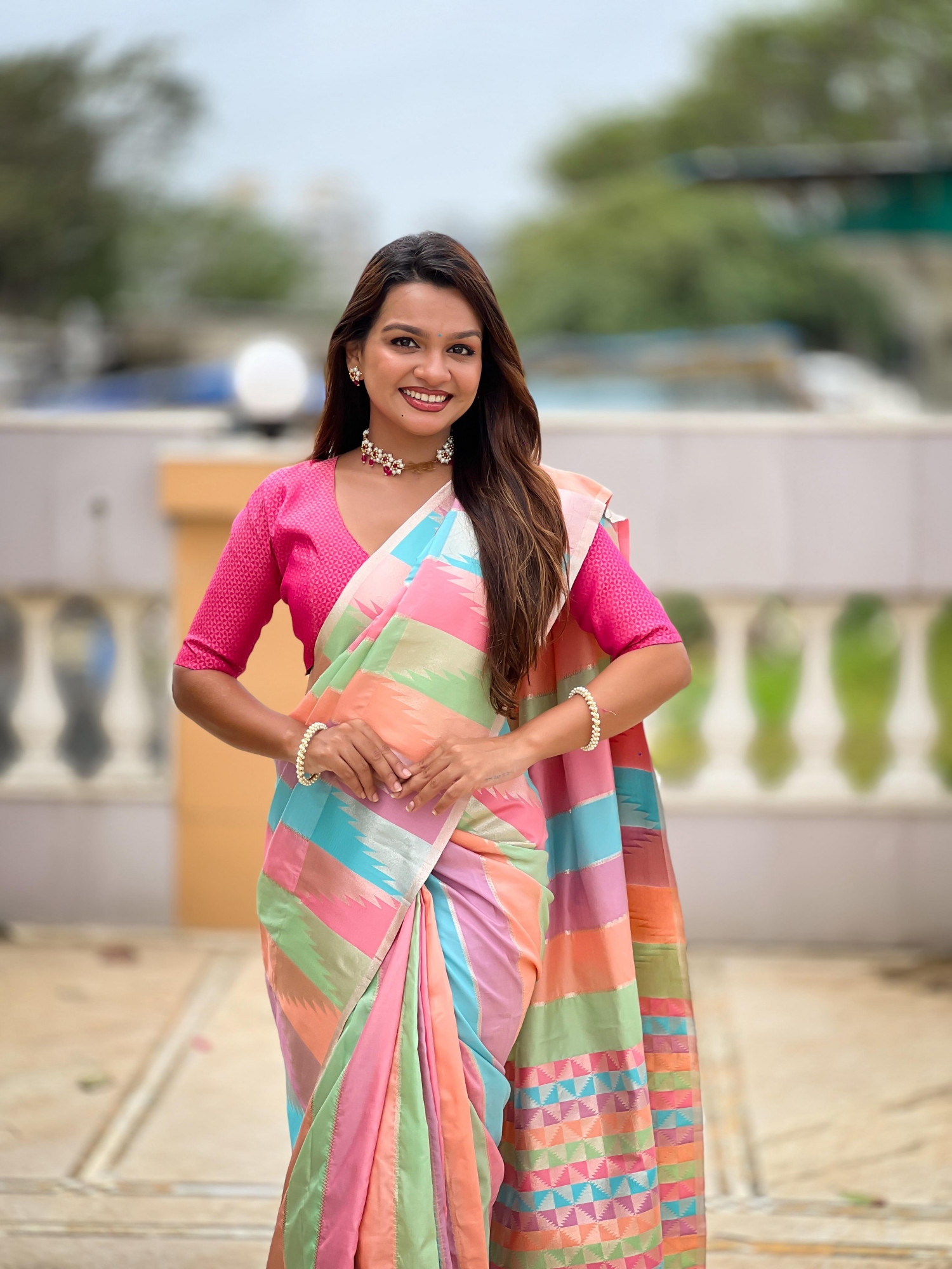 Multicolor Pure Banarasi Silk Rich Zari Weaved All Over Temple Border Sarees