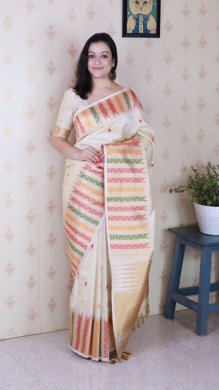 Off-White Banarasi Soft Silk Floral Meenakari Motifs All Over Rich Multicolor Woven Temple Border Saree