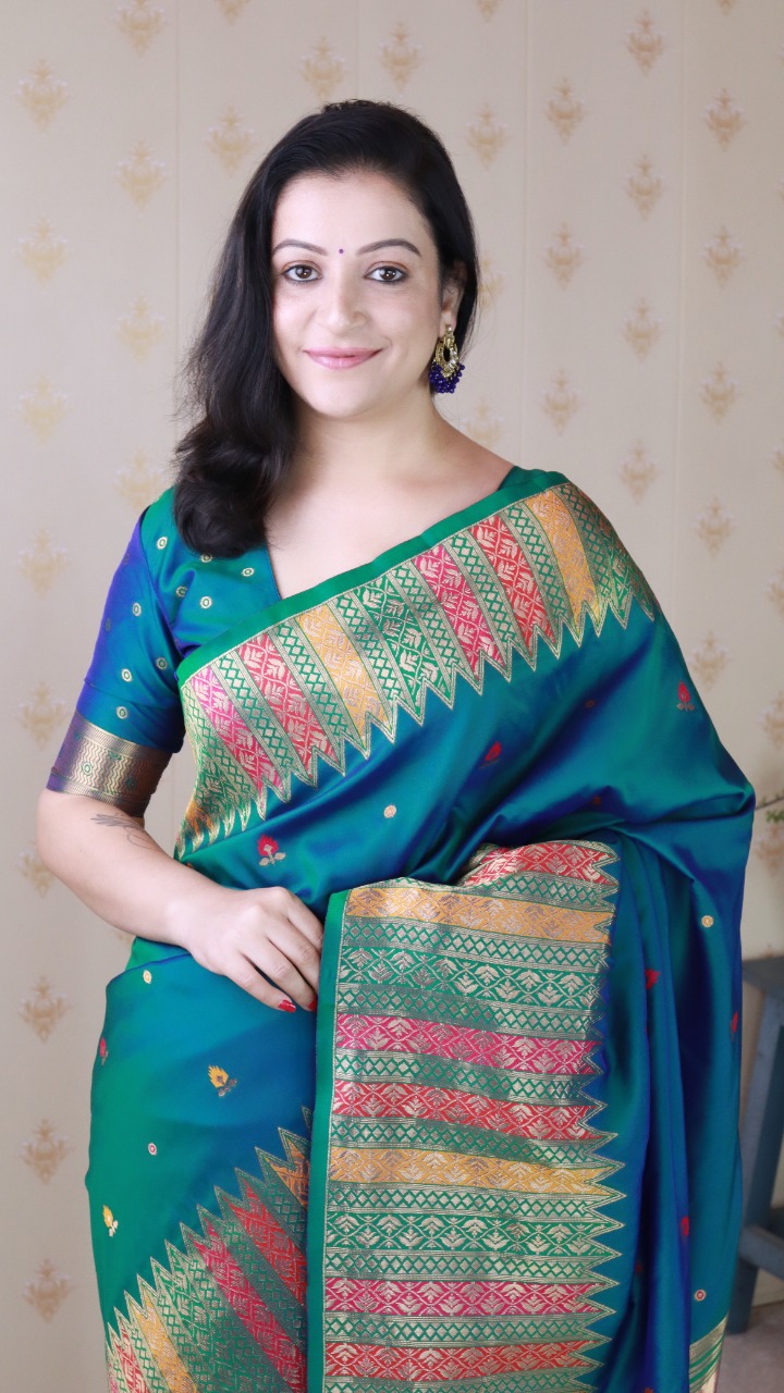 Teal Banarasi Soft Silk Floral Meenakari Motifs All Over Rich Multicolor Woven Temple Border Saree