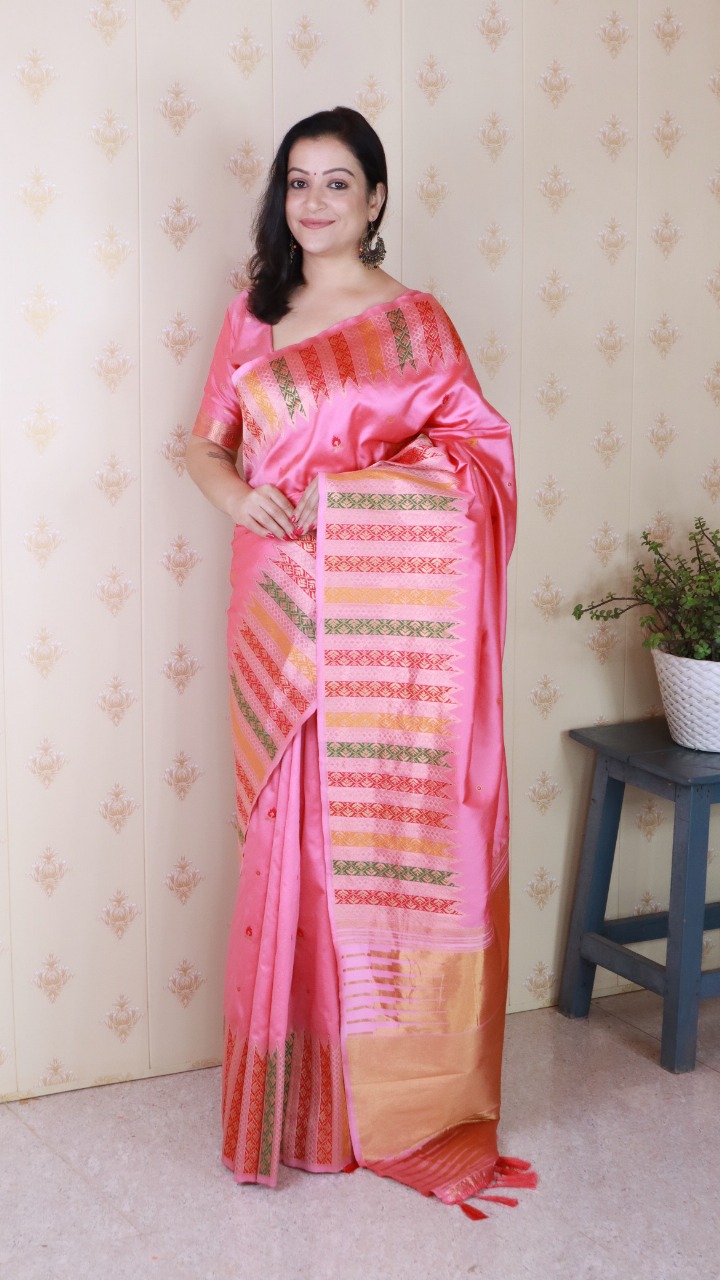 Pink Banarasi Soft Silk Floral Meenakari Motifs All Over Rich Multicolor Woven Temple Border Saree