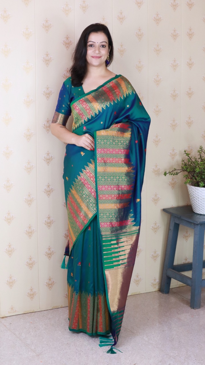 Teal Banarasi Soft Silk Floral Meenakari Motifs All Over Rich Multicolor Woven Temple Border Saree