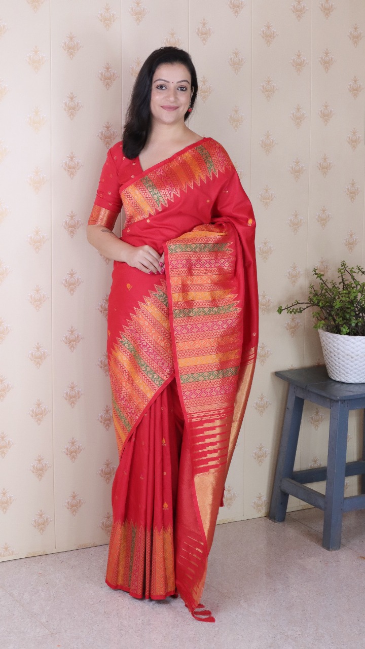 Red Banarasi Soft Silk Floral Meenakari Motifs All Over Rich Multicolor Woven Temple Border Saree