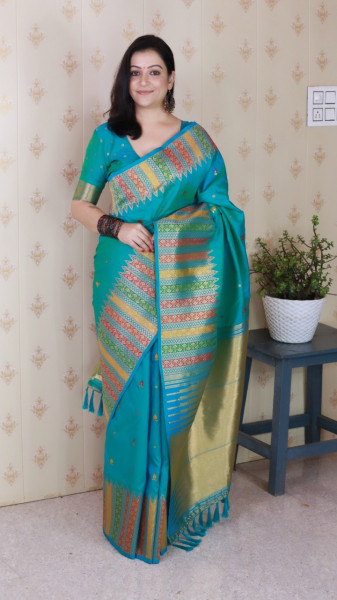 Image of Jade Green Banarasi Soft Silk Floral Meenakari Motifs All Over Rich Multicolor Woven Temple Border Saree