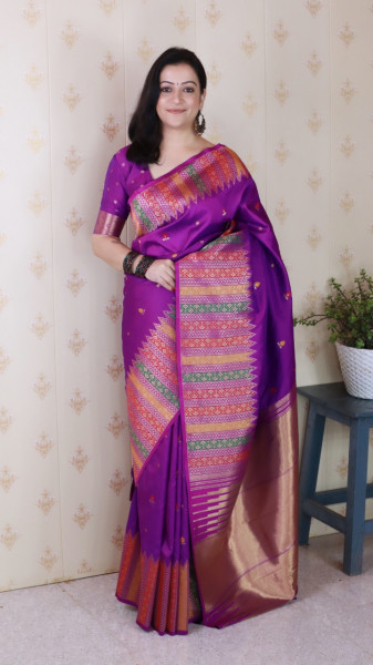 Image of Purple Banarasi Soft Silk Floral Meenakari Motifs All Over Rich Multicolor Woven Temple Border Saree