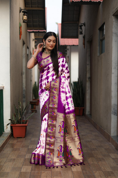 Image of Purple Banarasi Silk Shibory Tie-Die Printed Rich Paithani Weaved Pallu Border Saree