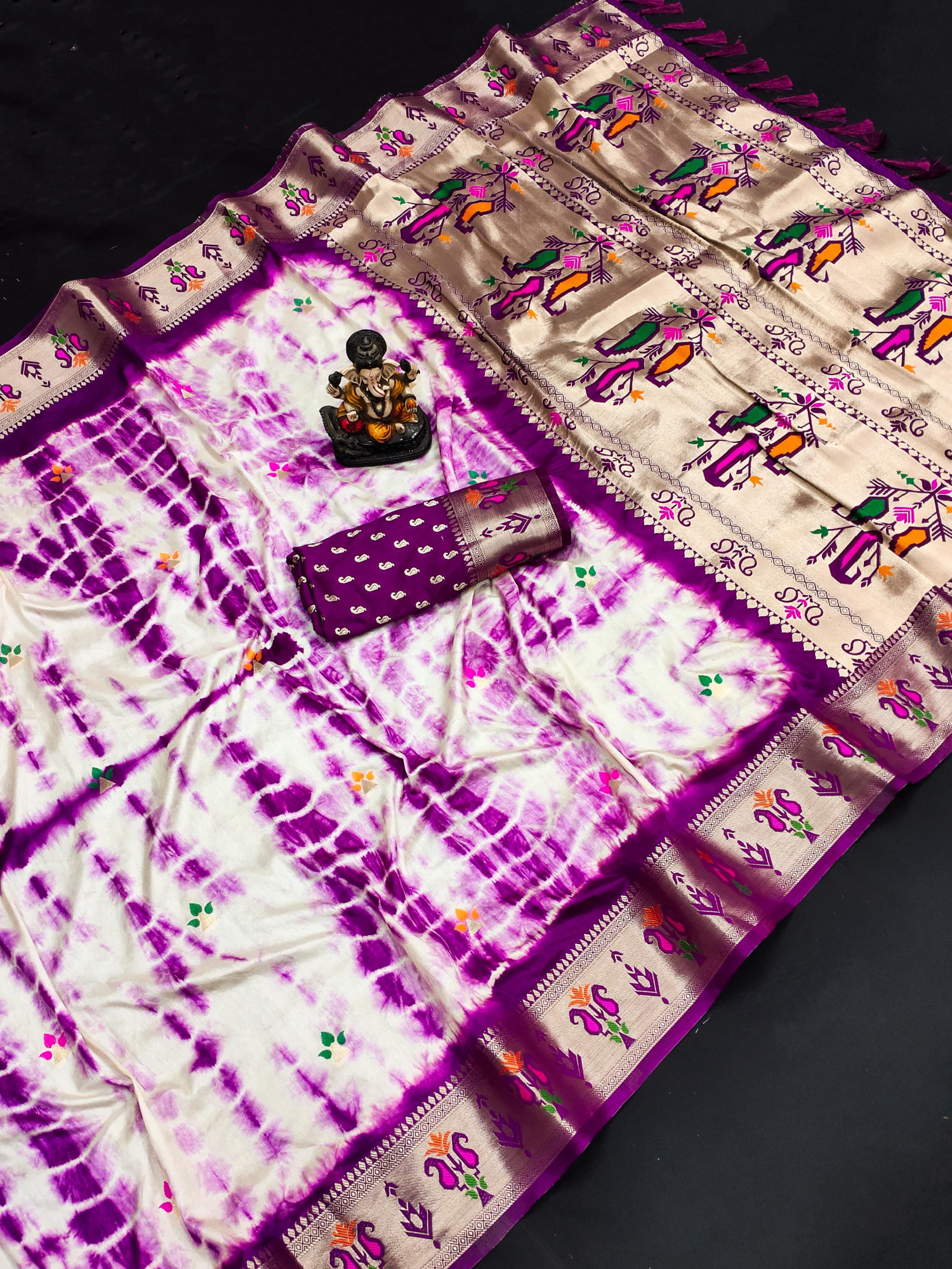 Purple Banarasi Silk Shibory Tie-Die Printed Rich Paithani Weaved Pallu Border Saree