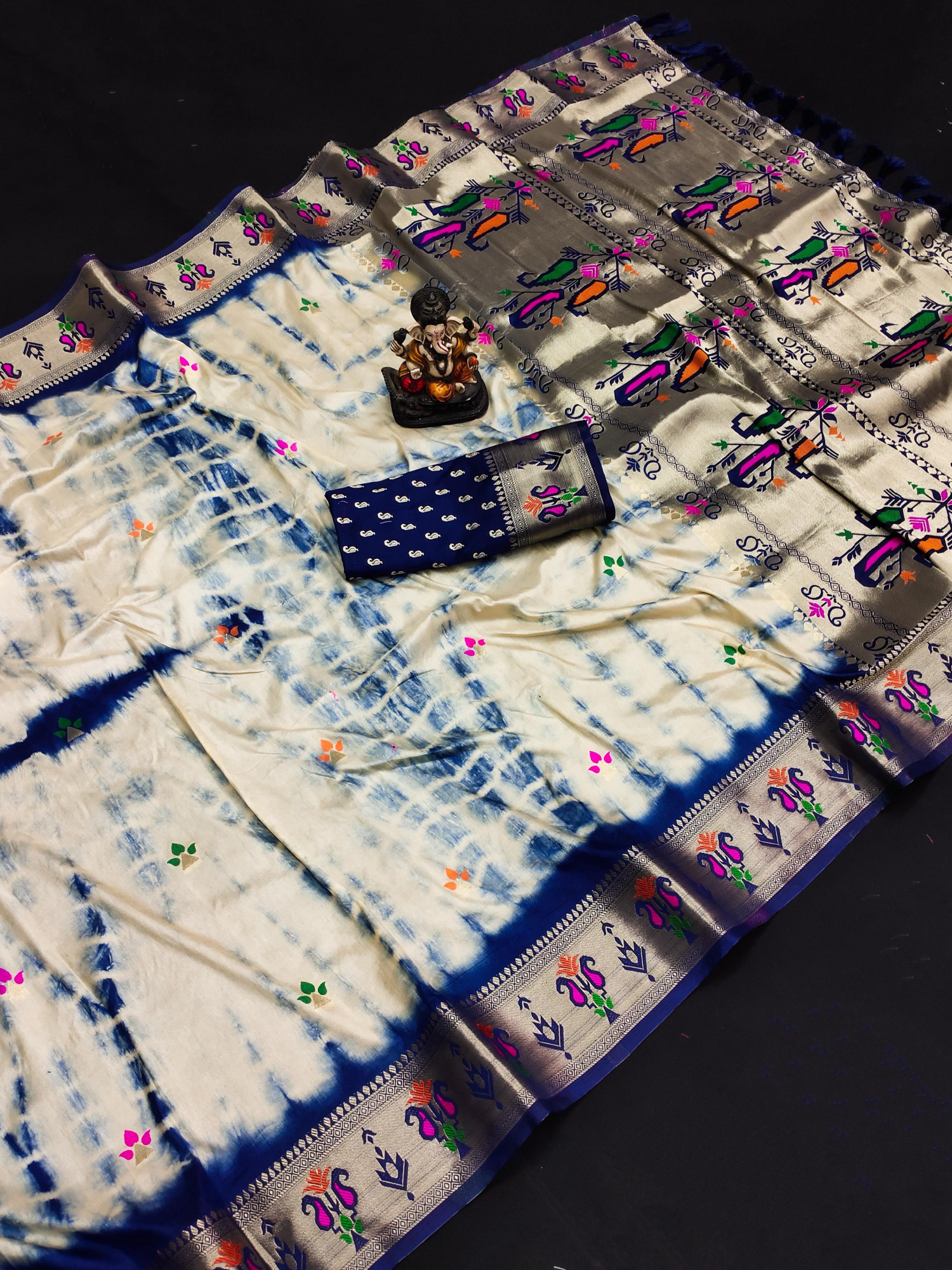 Blue Banarasi Silk Shibory Tie-Die Printed Rich Paithani Weaved Pallu Border Saree