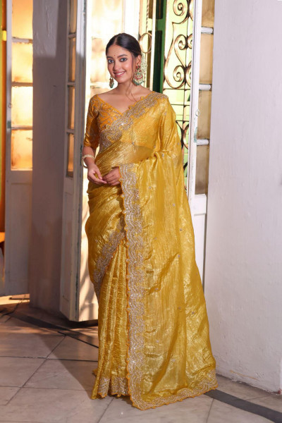 Image of Gold Premium Crush Pure Sequence Work All Over Saree