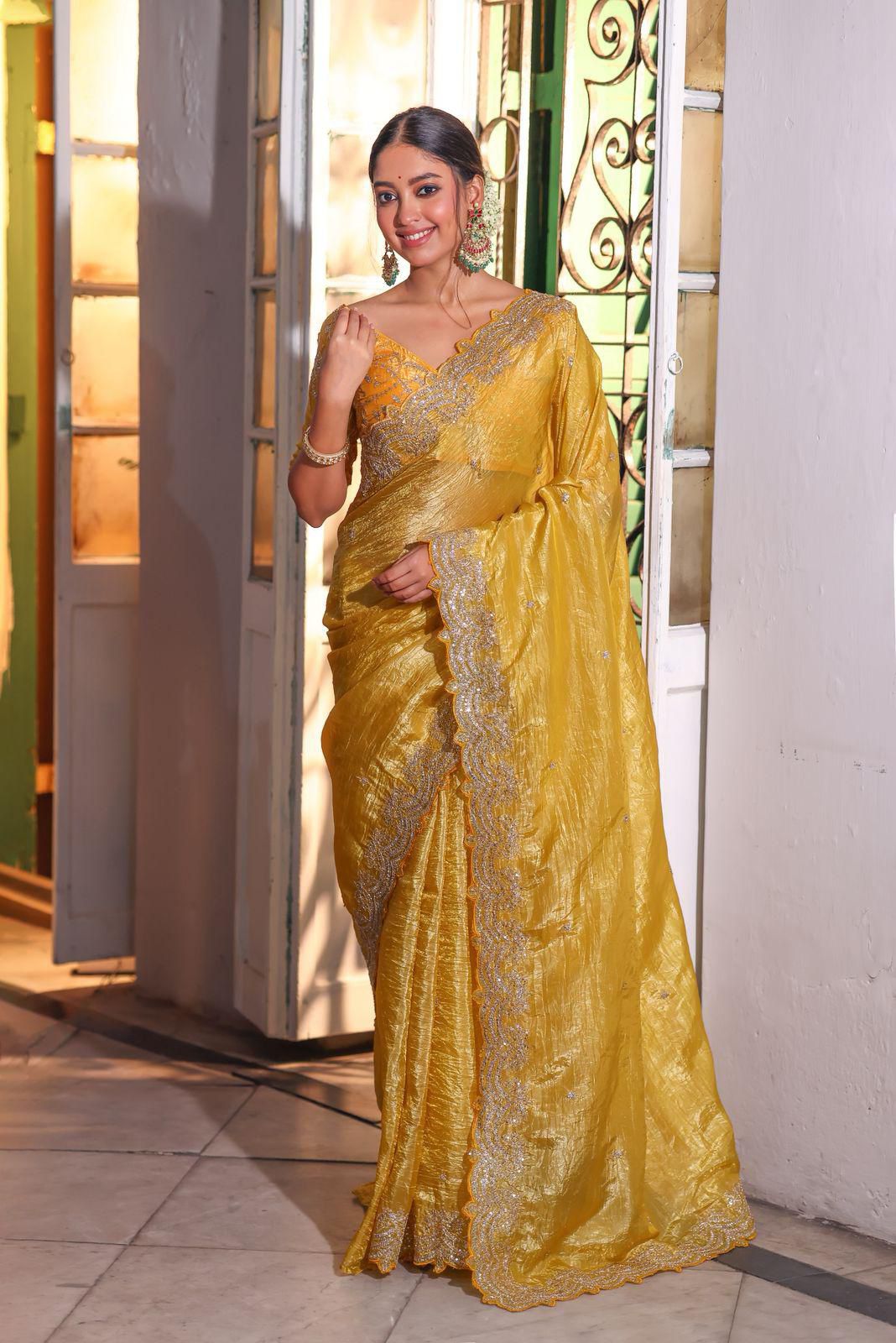 Gold Premium Crush Pure Sequence Work All Over Saree