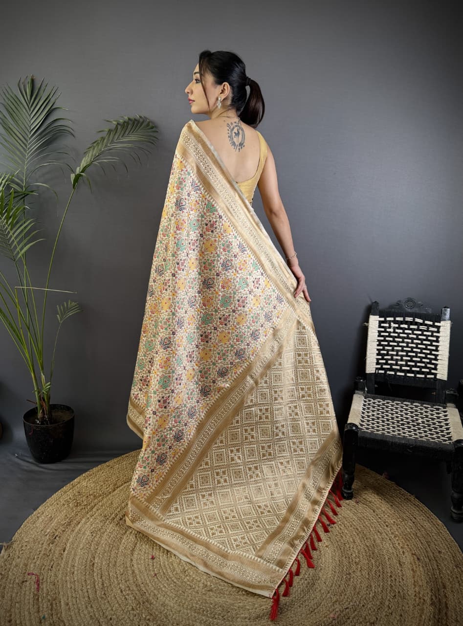 Cream Pure Banarasi Silk Patola RicH Zari Meenakari Weaved Saree