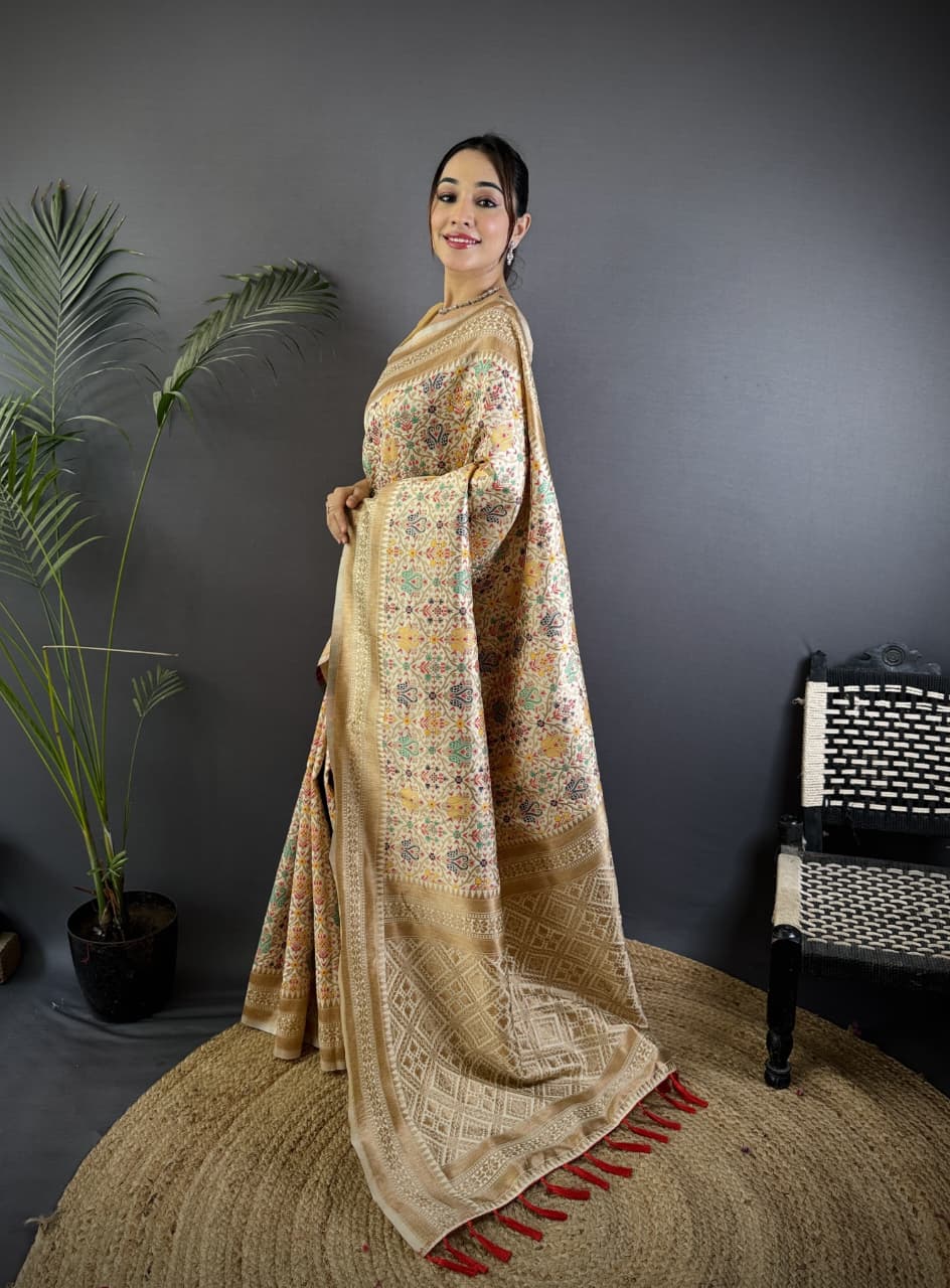 Cream Pure Banarasi Silk Patola RicH Zari Meenakari Weaved Saree