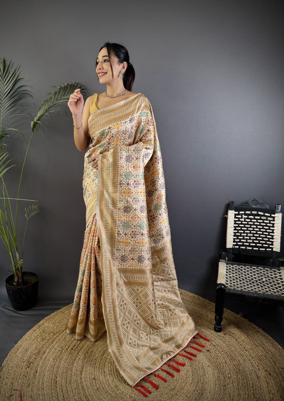 Cream Pure Banarasi Silk Patola RicH Zari Meenakari Weaved Saree