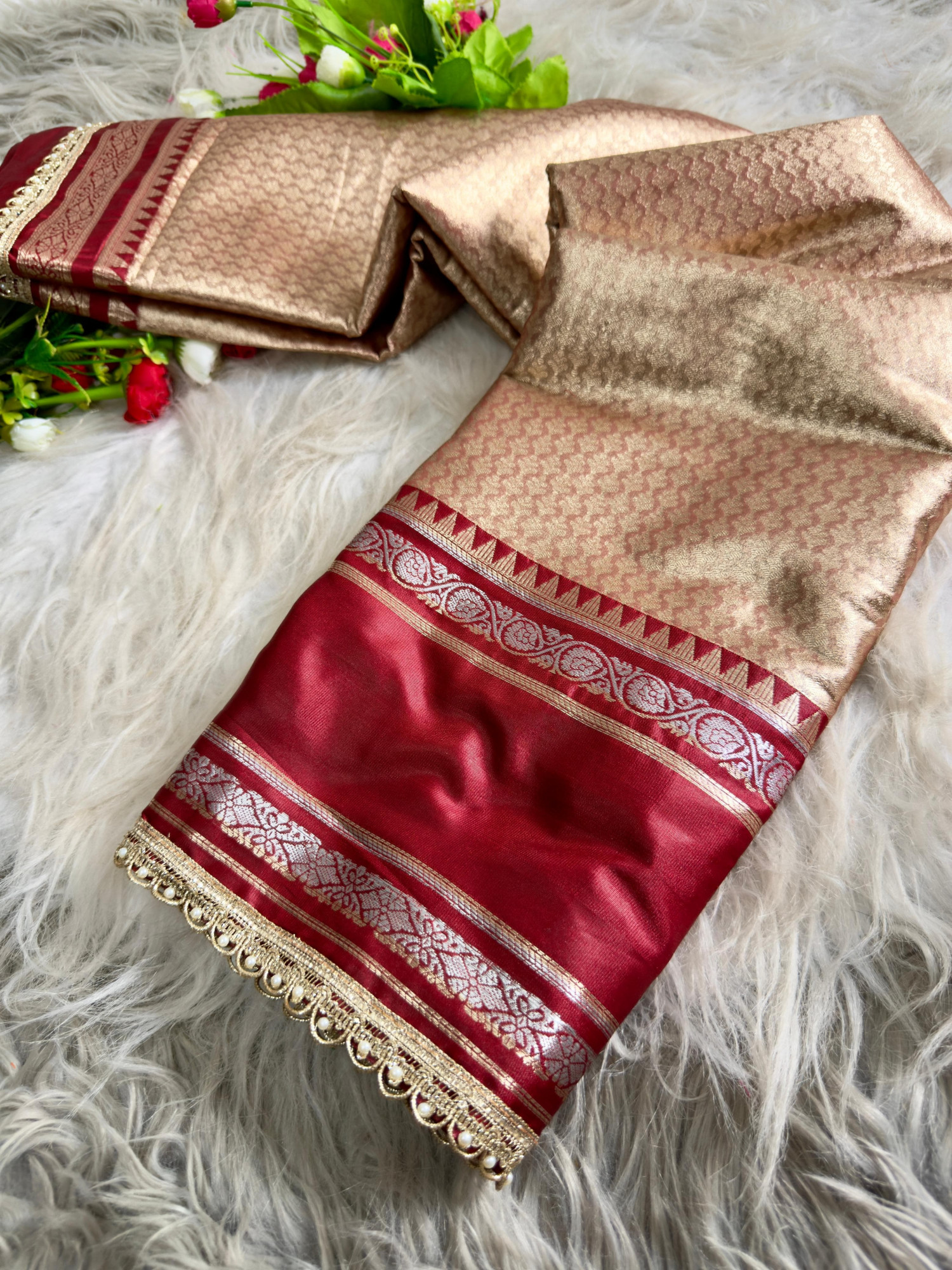 Golden Beige Pure Banarasi Silk Zari Weaved Lace Border Saree
