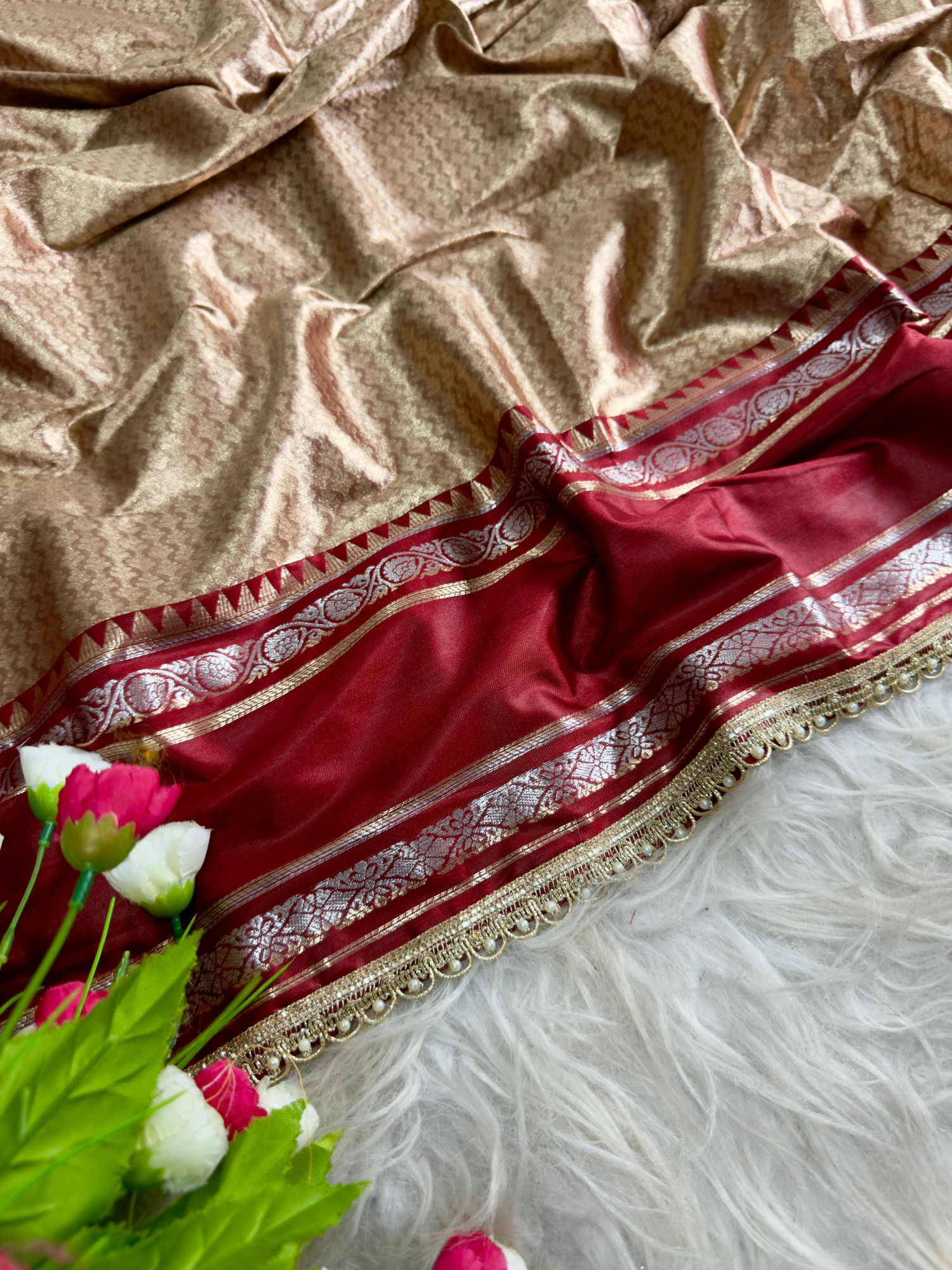 Golden Beige Pure Banarasi Silk Zari Weaved Lace Border Saree