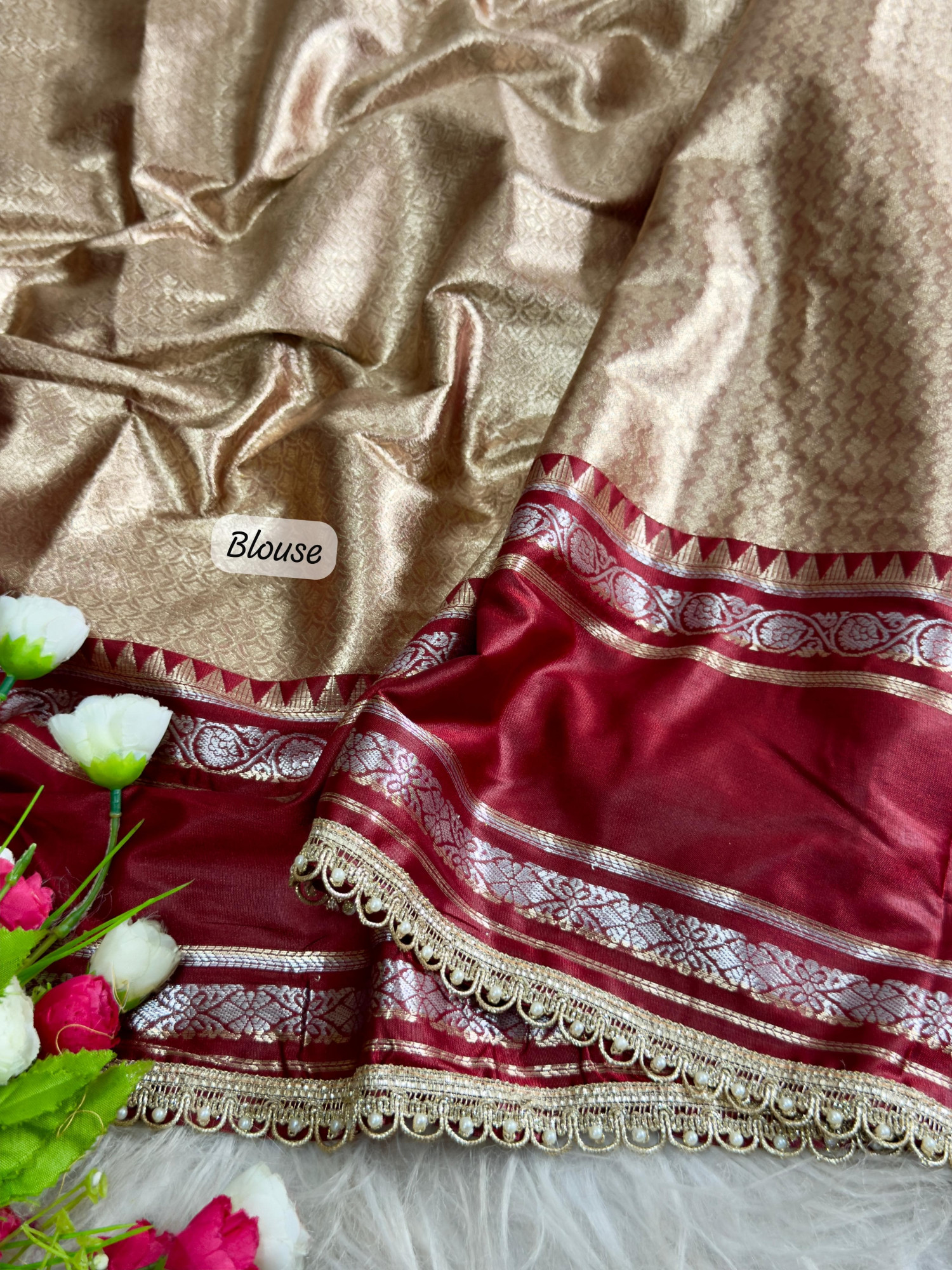 Golden Beige Pure Banarasi Silk Zari Weaved Lace Border Saree