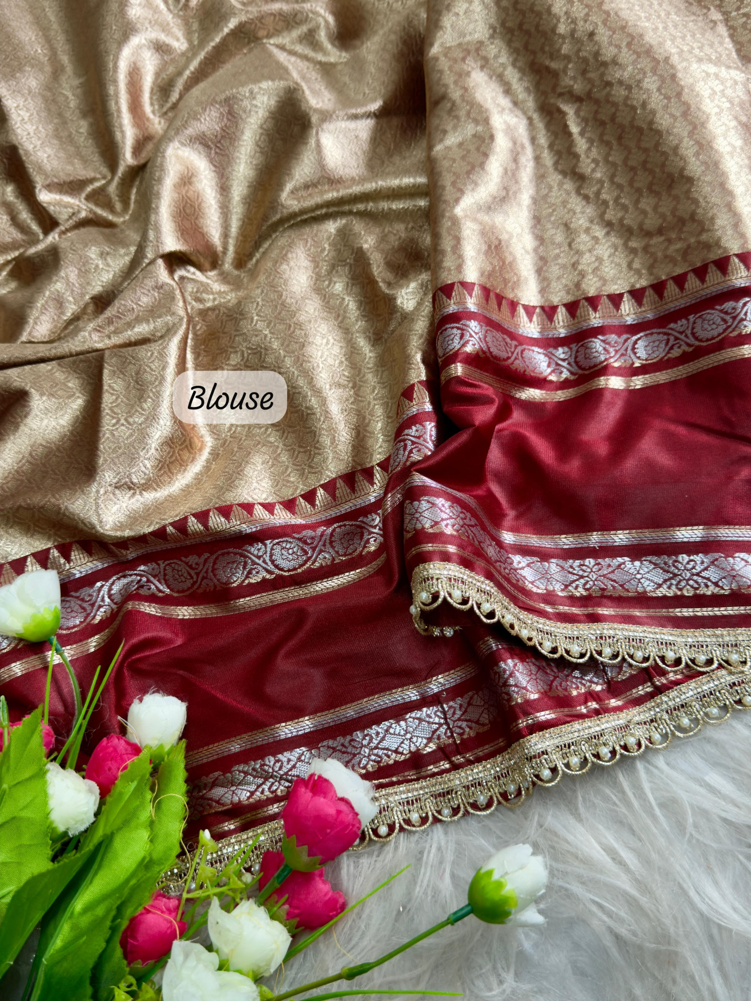 Golden Beige Pure Banarasi Silk Zari Weaved Lace Border Saree