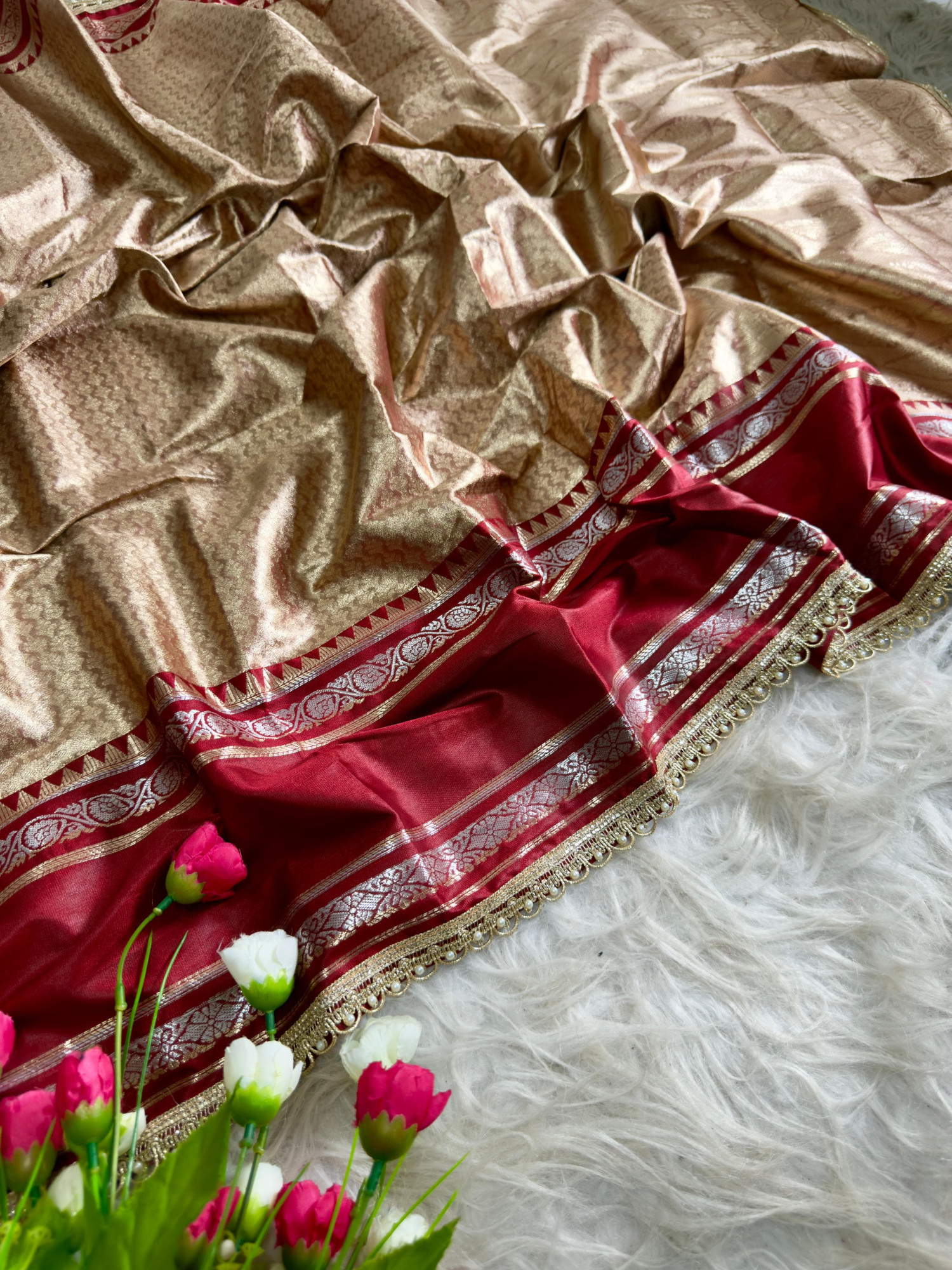 Golden Beige Pure Banarasi Silk Zari Weaved Lace Border Saree