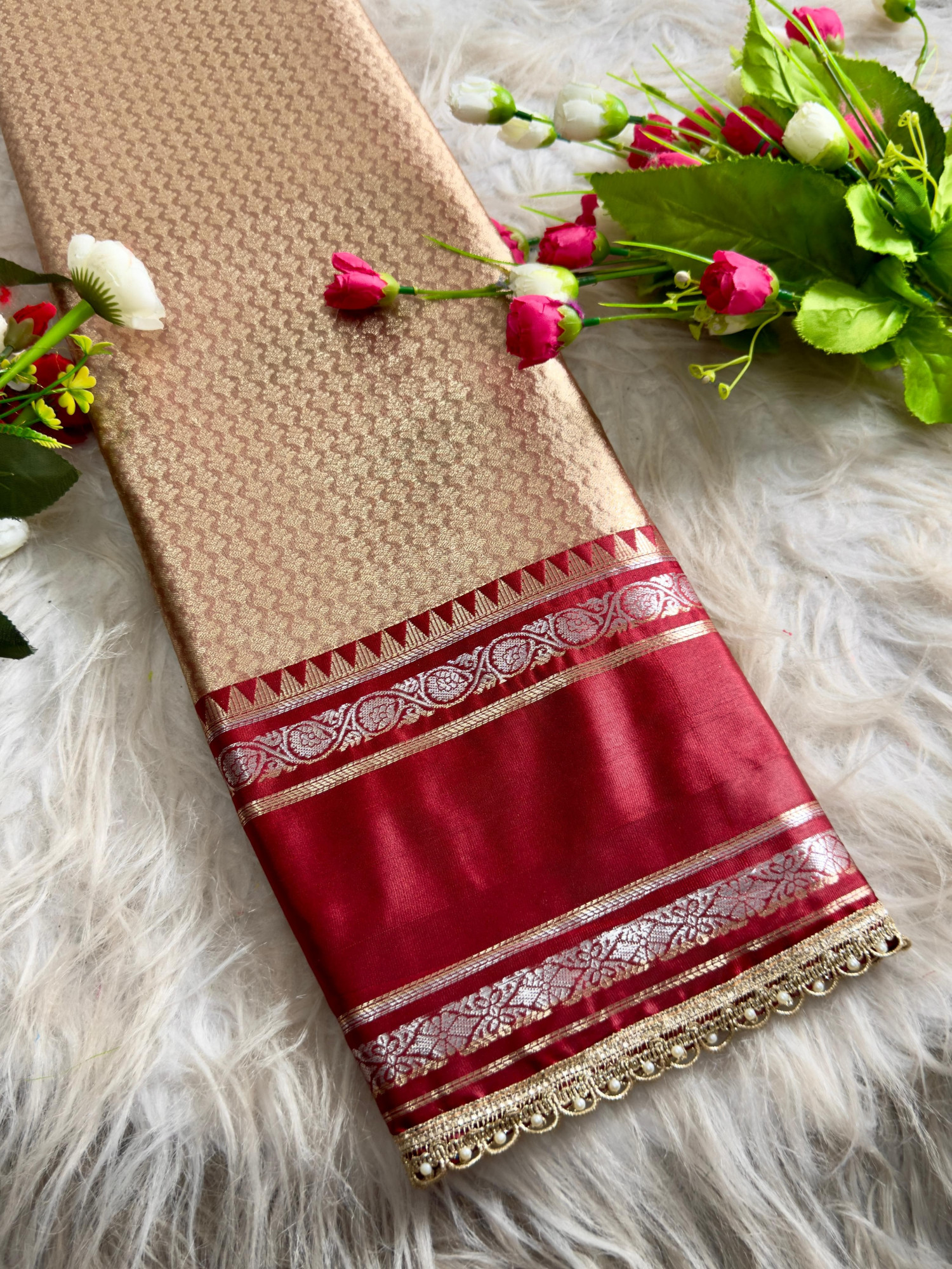 Golden Beige Pure Banarasi Silk Zari Weaved Lace Border Saree