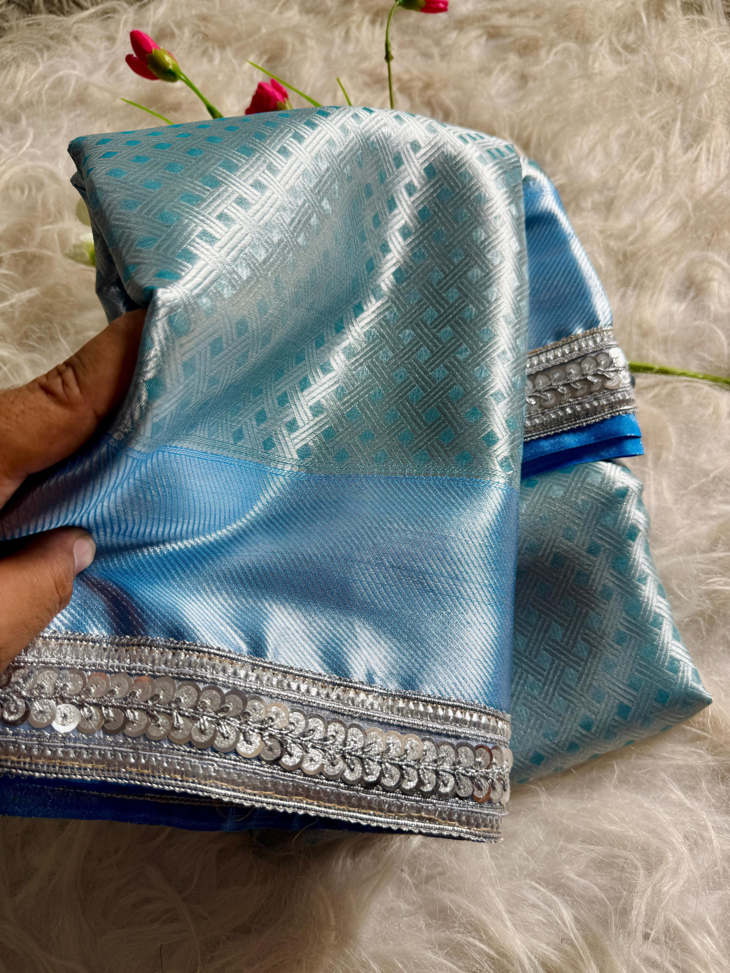 Sky Blue Pure Banarasi Tissue Silk Check Weaved Lace Border Saree