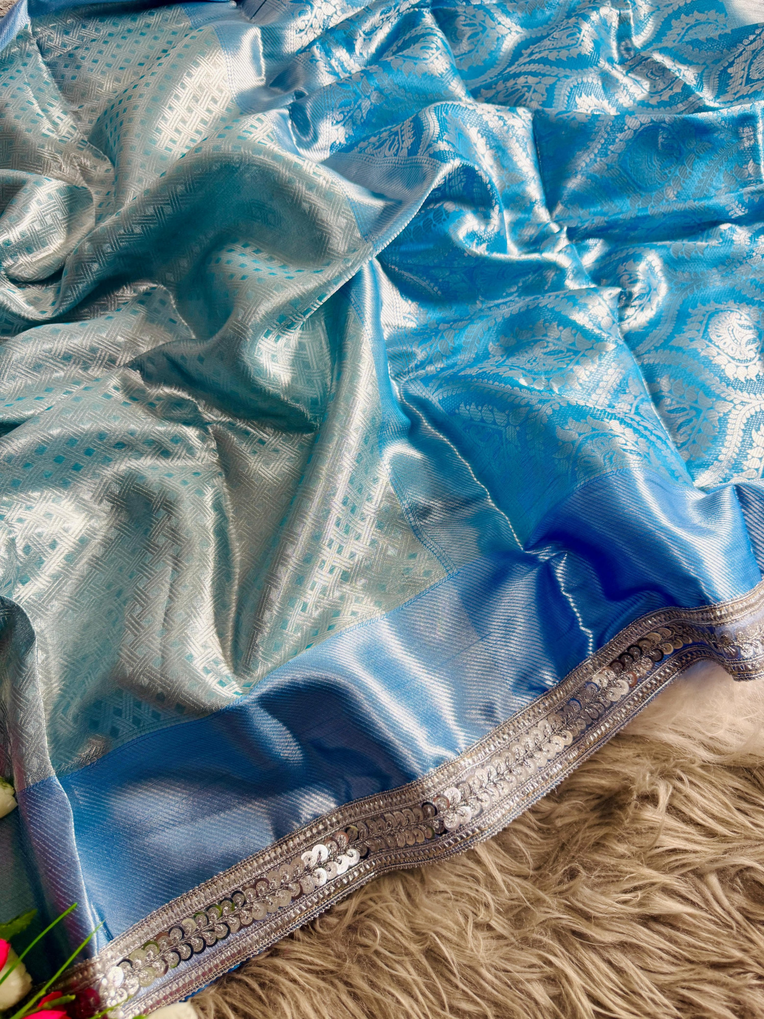 Sky Blue Pure Banarasi Tissue Silk Check Weaved Lace Border Saree