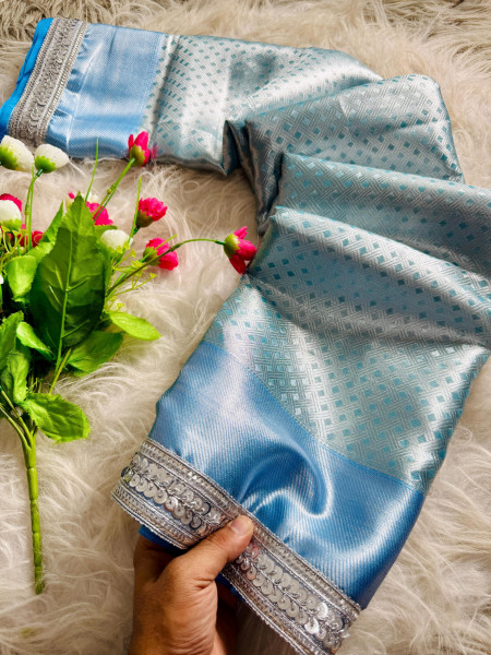 Image of Sky Blue Pure Banarasi Tissue Silk Check Weaved Lace Border Saree