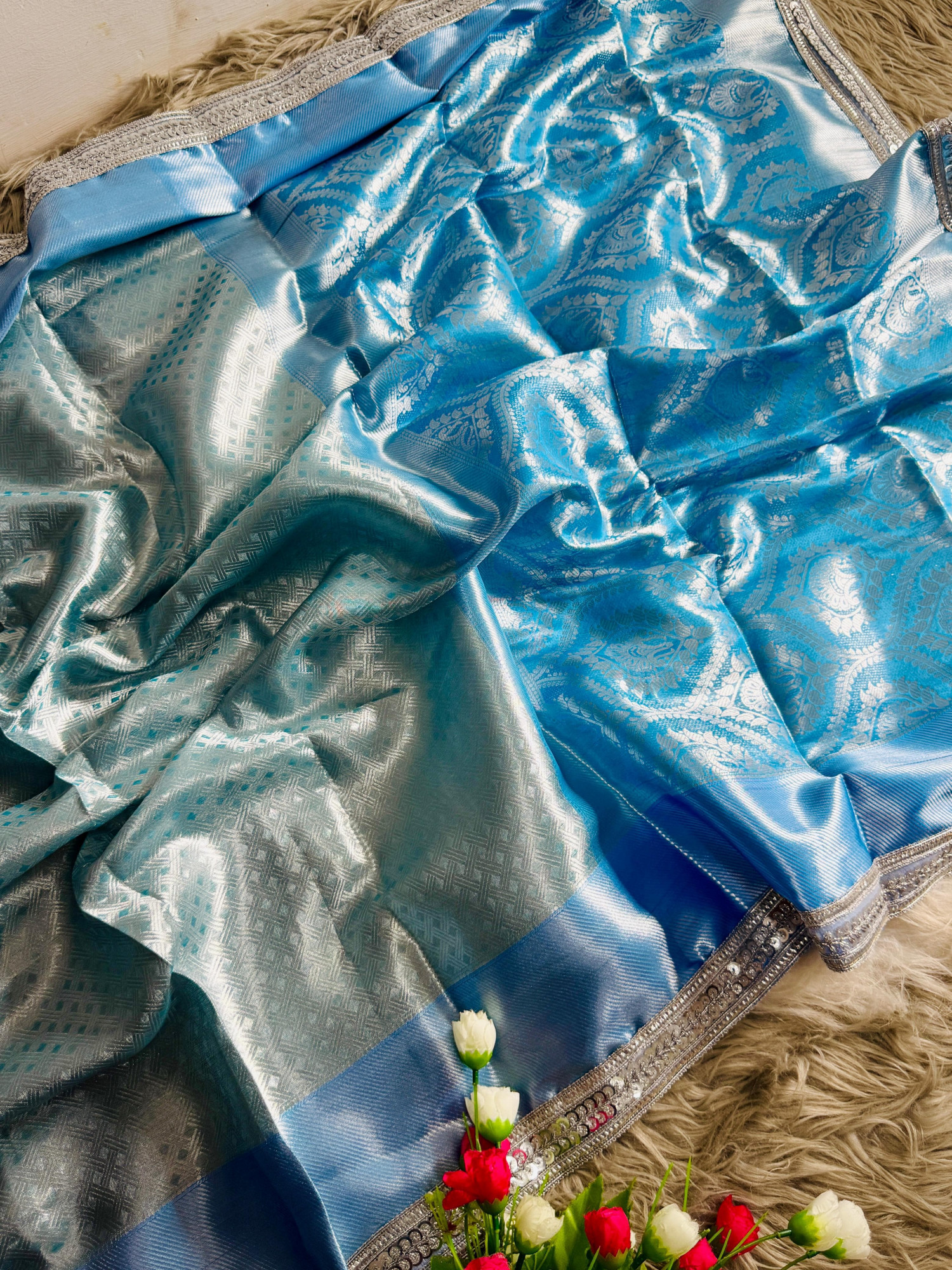 Sky Blue Pure Banarasi Tissue Silk Check Weaved Lace Border Saree