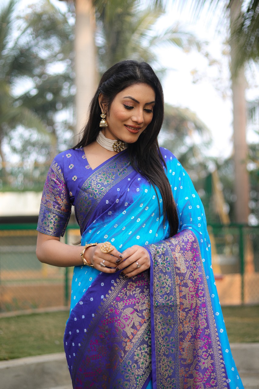 Turquoise Pure Bandhej Kanjivaram Silk Rich Zari Weaved Saree