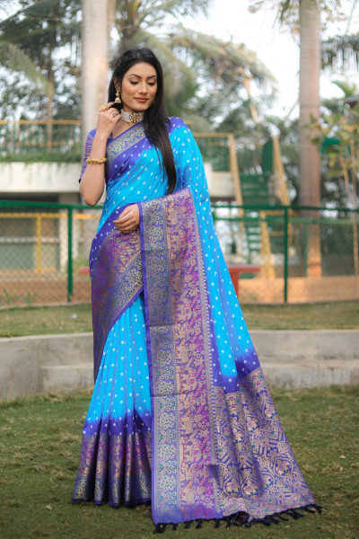 Image of Turquoise Pure Bandhej  Kanjivaram Silk Rich Zari Weaved Saree
