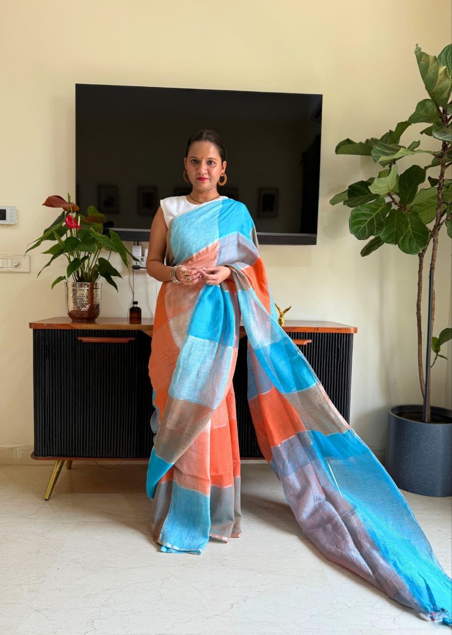 Sky Blue Orange Pure Linen Digital Printed Saree