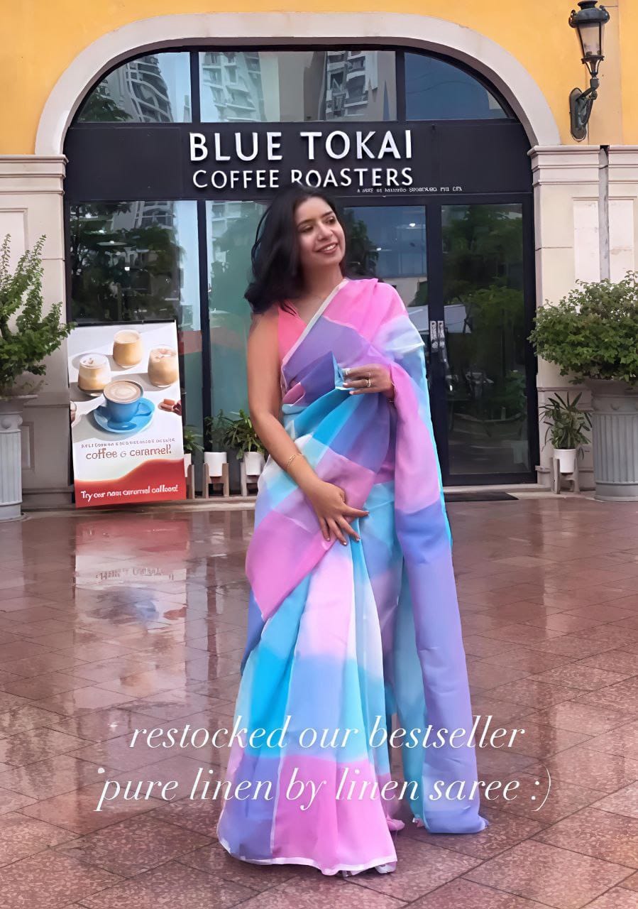 White Purple Pure Linen Digital Printed Saree