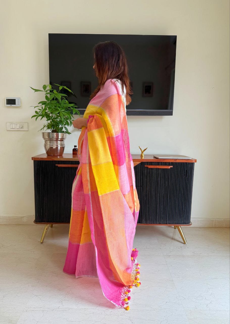 Magenta Yellow Pure Linen Digital Printed Saree