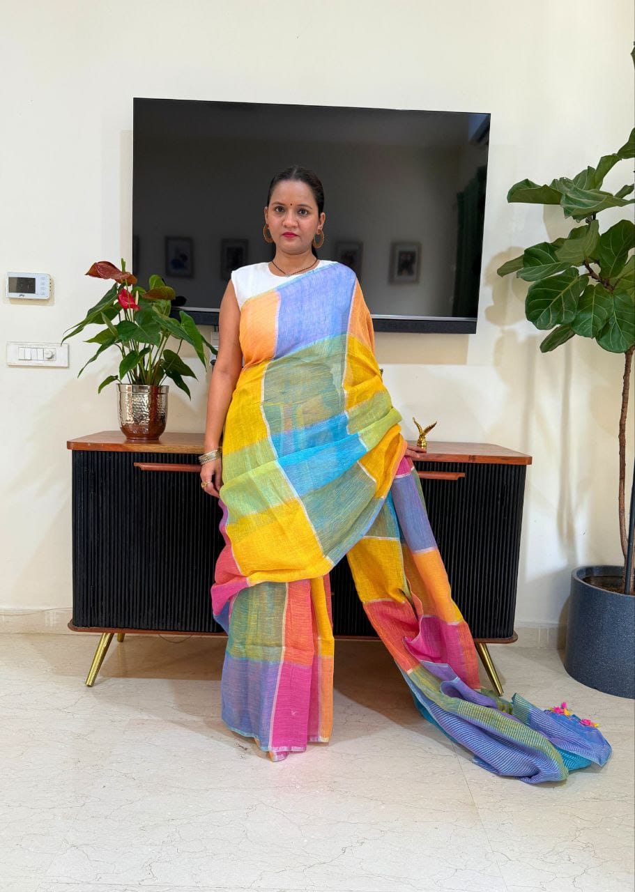 Yellow Blue Pure Linen Digital Printed Saree