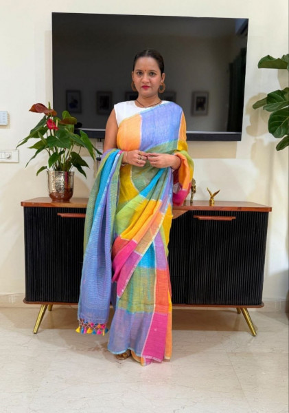 Image of Yellow Blue Pure Linen Digital Printed Saree