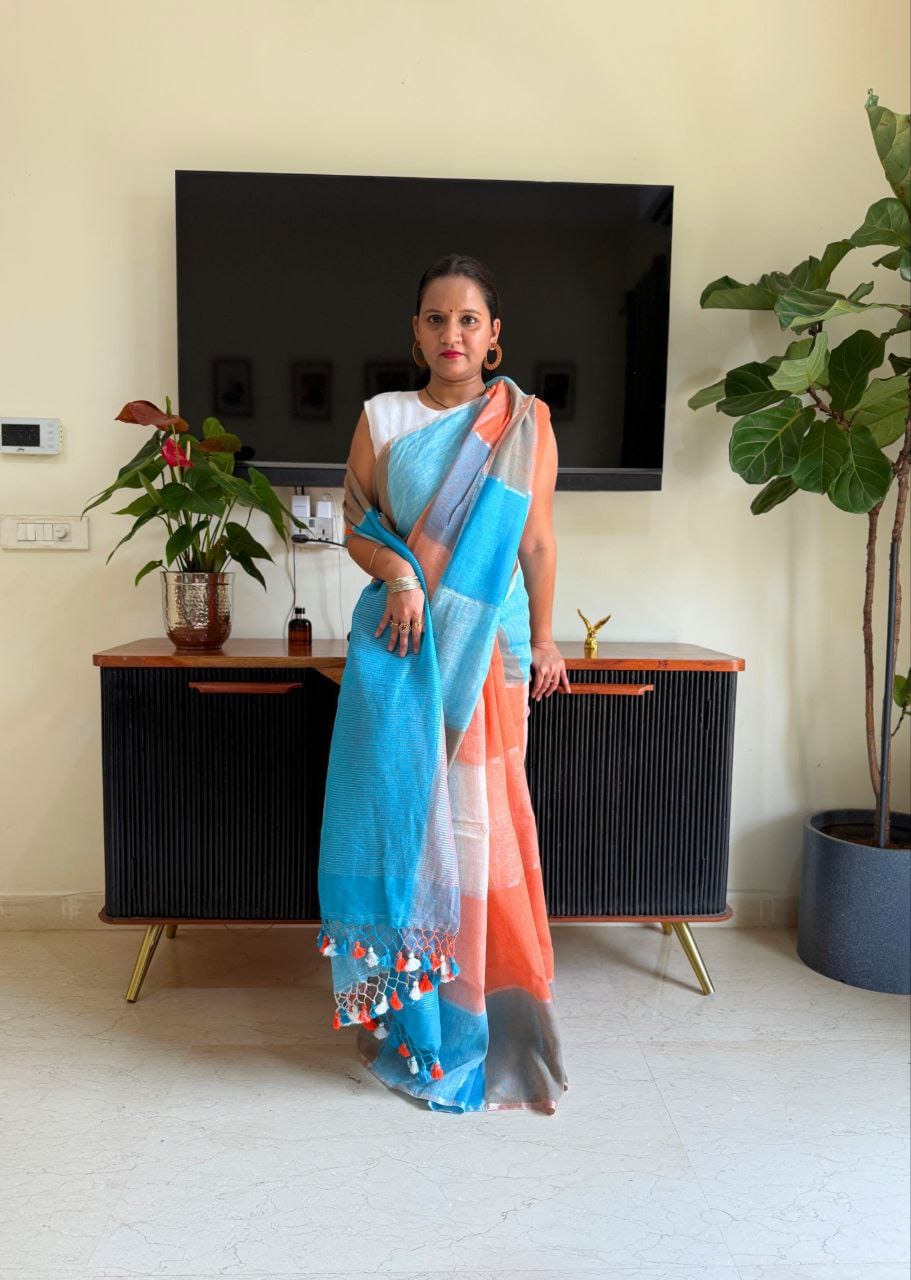 Sky Blue Orange Pure Linen Digital Printed Saree