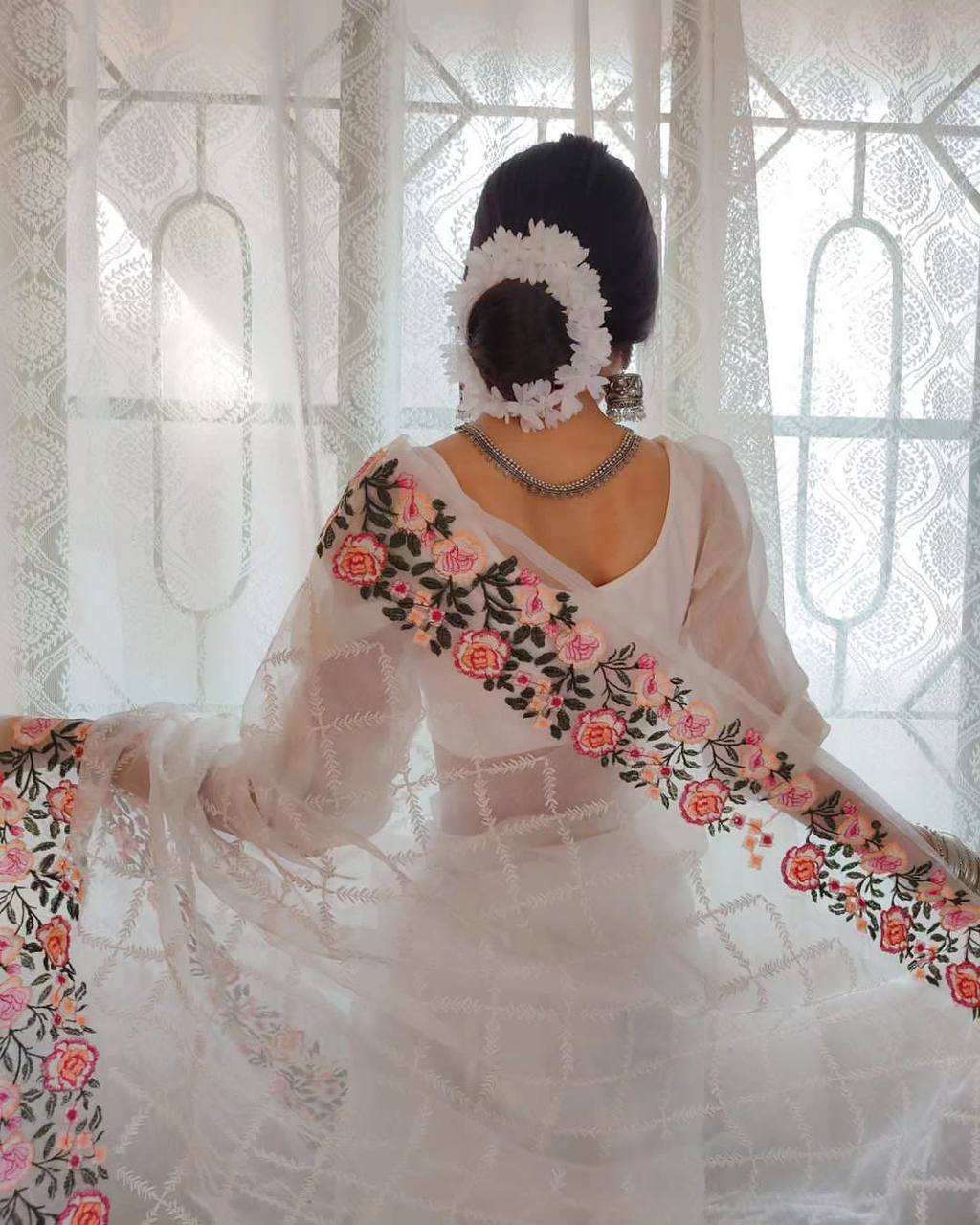 White Pure Organza Silk Multi Thread Embroidery Work Saree