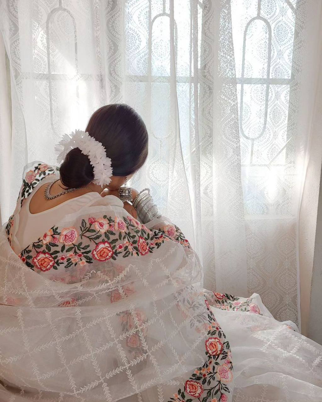 White Pure Organza Silk Multi Thread Embroidery Work Saree