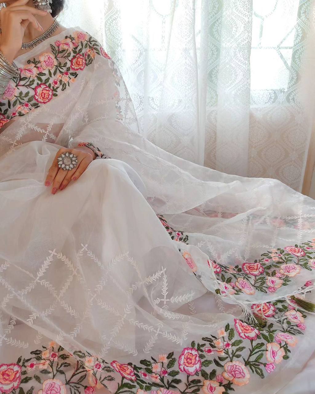 White Pure Organza Silk Multi Thread Embroidery Work Saree