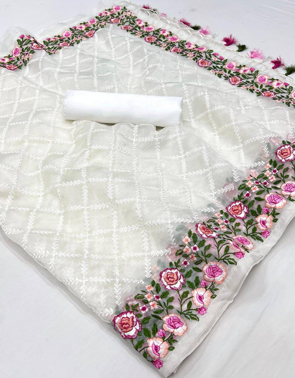 White Pure Organza Silk Multi Thread Embroidery Work Saree